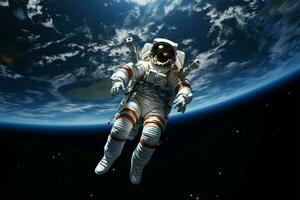 ätherisch Astronaut schwebend Über Erde, ein transformativ Raum Wächter ai generiert foto