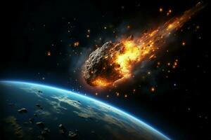 unvermeidlich Kollision ein erdgebunden Meteorit nähert sich von das Kosmos ai generiert foto