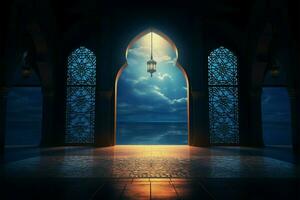 faszinierend abspielen von Mondlicht im ein islamisch Moscheen heiter Innere ai generiert foto