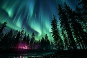 Naturen Licht Show Bäume silhouettiert unter das lila und Grün Aurora ai generiert foto