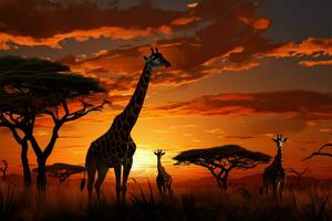 Sonnenuntergang Gelassenheit ein Herde von Giraffen im ein still Transformation ai generiert foto