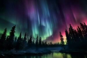 umgewandelt Nacht Himmel lila und Grün Aurora Tänze Über das Bäume ai generiert foto