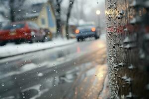 Autos Perspektive umgewandelt Aussicht von Einfrieren Regen Schnee auf das Straße ai generiert foto