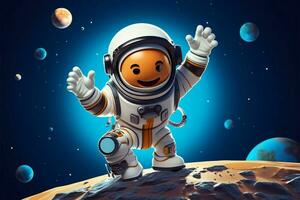 Karikatur Astronaut auf ein Planet, winken im Wissenschaft Technik Symbol ai generiert foto