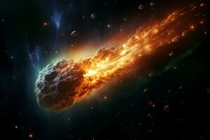 himmlisch Katastrophe Komet, Asteroid, Meteorit Regen gegen sternenklar Apokalypse ai generiert foto