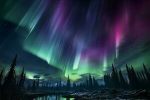 himmlisch Schauspiel umgewandelt Nacht mit lila und Grün Aurora Borealis ai generiert foto