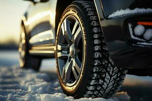 schließen oben ein Auto Rad mit ein Winter Reifen Griffe eisig Pflaster ai generiert foto