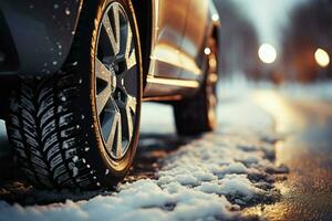 schließen oben von ein Autos Winter Reifen packend das winterlich Straße ai generiert foto