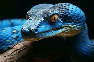 detailliert Nahansicht enthüllt das faszinierend Metamorphose von ein Blau Viper ai generiert foto