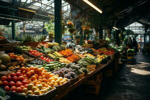 Früchte und Gemüse Markt gedeiht unter ein schützend Dach Überdachung ai generiert foto