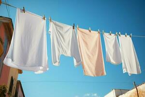 frisch gewaschen Kleider hängen draußen, Trocknen auf ein Wäsche Linie ai generiert foto