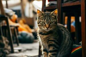 im das lokal Markt, ein streunend Katze erforscht es ist Umfeld ai generiert foto
