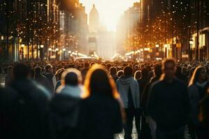 im das Städte verwischen, anonym Fußgänger navigieren das geschäftig Straße ai generiert foto