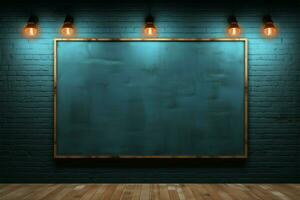 Scheinwerfer erleuchten ein Backstein Ausstellungsraum mit ein Tafel und Blau Mauer ai generiert foto