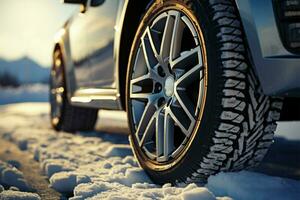 das Autos Rad, ausgestattet mit ein Winter Reifen, erobert Schnee ai generiert foto