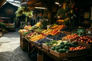 ein überdacht Marktplatz Vitrinen das Kopfgeld von lokal Früchte und Gemüse ai generiert foto