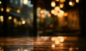 hölzern Tischplatte gegen ein verschwommen golden Cafe Hintergrund im dim Licht ai generiert foto