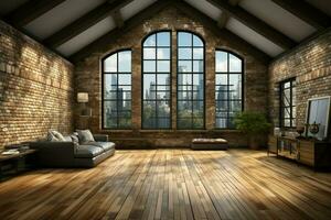 ein expansiv Dachgeschoss Stil Zimmer mit reichlich Fenster, zeitgenössisch Design Elemente ai generiert foto