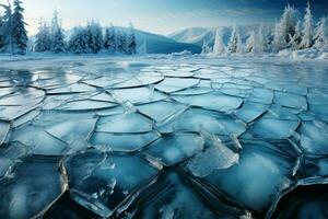 unter das Winter Himmel, ein gefroren See offenbart Blau Eis Risse ai generiert foto