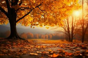 fesselnd Herbst Landschaft mit Gelb Bäume, Sonne, und fallen Blätter ai generiert foto
