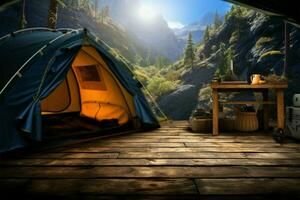 Camping thematisch Hintergrund fügt hinzu Charakter zu ein leeren Schreibtisch Raum ai generiert foto