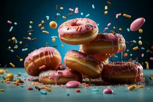 bunt bestreut Donuts hochfliegend durch das Luft auf ein Blau Hintergrund ai generiert foto