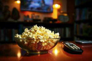 Abend Komfort Popcorn gefüllt Schüssel und ein Arbeiten Fernseher im Aussicht ai generiert foto