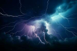heftig und blendend Schrauben von Blitz zerreißen durch das Nacht Himmel ai generiert foto