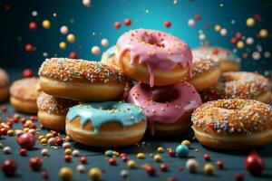 fliegend Süss Leckereien Donuts mit beschwingt Sträusel auf ein Blau Segeltuch ai generiert foto