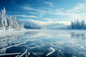 gefroren See, azurblau Eis mit Risse, gerahmt durch Winter Kiefer Hügel ai generiert foto