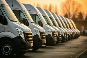 Reihe von kommerziell Lieferung Lieferwagen geparkt, emblematisch von Transportieren Dienstleistungen ai generiert foto