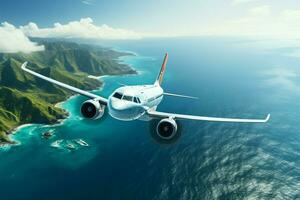 szenisch Flug Flugzeug gleitet Über das Ozean, Insel sichtbar unten ai generiert foto