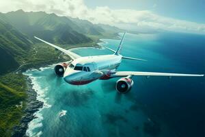 szenisch Flug Flugzeug gleitet Über das Ozean, Insel sichtbar unten ai generiert foto