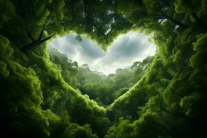 Himmel durch Wald Baumwipfel im ein Herz Form, atemberaubend Illustration ai generiert foto