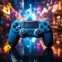 spät Nacht Video Spielen mit Blau Thema, Joystick schließen oben verbessert virtuell Erfahrung zum Sozial Medien Post Größe ai generiert foto