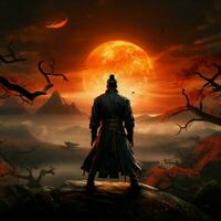 ein Samurai Haltung mit das Sonnenuntergang wie das Hintergrund zum Sozial Medien Post Größe ai generiert foto