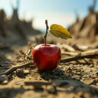 Apfel auf Wüste Boden symbolisiert Wasser Knappheit, Hunger, landwirtschaftlich Herausforderungen inmitten Klima Veränderung zum Sozial Medien Post Größe ai generiert foto