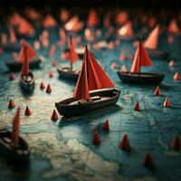 navigieren Erfolg rot Führer Boot lenkt Papier Flotte auf global Karte, abbilden Wirksam Führung zum Sozial Medien Post Größe ai generiert foto