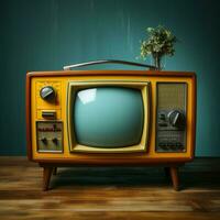 nostalgisch Charme, Jahrgang Gelb Fernseher ruht auf hölzern Tisch, Minze Blau Hintergrund zum Sozial Medien Post Größe ai generiert foto