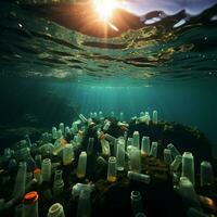 öffnen Meer verdorben durch Plastik Flaschen und Mikroplastik, symbolisieren Marine Plastik Verschmutzung zum Sozial Medien Post Größe ai generiert foto