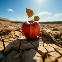 Apfel auf ausgedörrt Wüste Boden vermittelt Essen Unsicherheit, Wasser Mangel, landwirtschaftlich Krise zum Sozial Medien Post Größe ai generiert foto