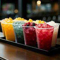 Plastik Tassen halt gefroren Obst Slushies, ausgerichtet im ein bunt, eisig Reihe zum Sozial Medien Post Größe ai generiert foto