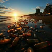 Plastik Abfall und sich weigern fäule sandig Küste, reflektieren Strand Verschmutzungen Umwelt Maut zum Sozial Medien Post Größe ai generiert foto