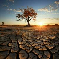 belastbar Baum inmitten geknackt Erde bedeutet Klima Änderungen Einschlag Wasser Mangel, global Erwärmen zum Sozial Medien Post Größe ai generiert foto