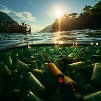 Meer verdorben mit Plastik Flaschen, porträtieren Naturen Degradierung und Umwelt Verschmutzung zum Sozial Medien Post Größe ai generiert foto