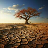 trocken Boden Wiegen Baum, illustrieren Klima Änderungen Wasser Krise Auswirkungen inmitten global Erwärmen zum Sozial Medien Post Größe ai generiert foto
