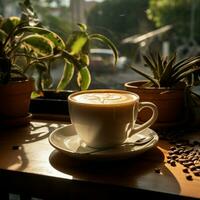 sonnendurchflutet Fenster, Kaffee Nebel, gedehnt Tabelle Schatten ein morgens malerisch Kaffee zum Sozial Medien Post Größe ai generiert foto