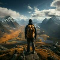 Gipfel Gelassenheit, Wanderer auf Berg Expedition, wertschätzend Panorama- Aussicht von hinter zum Sozial Medien Post Größe ai generiert foto
