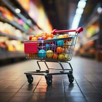 Supermarkt Spree Einkaufen Wagen gegen verschwommen Geschäft Bokeh Hintergrund erfasst Verkauf Ambiente zum Sozial Medien Post Größe ai generiert foto