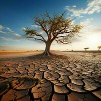 Baum auf geknackt Boden bedeutet Klima Veränderung Auswirkung, Trockenheit, und Umwelt Krise zum Sozial Medien Post Größe ai generiert foto